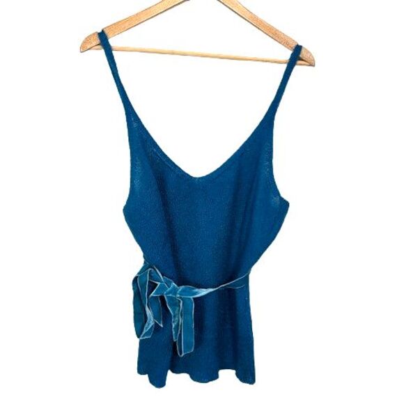 VTG Y2K Banana Republic Mohair Wool Sweater Tank L Teal Blue Strappy Fuzzy - Picture 1 of 7